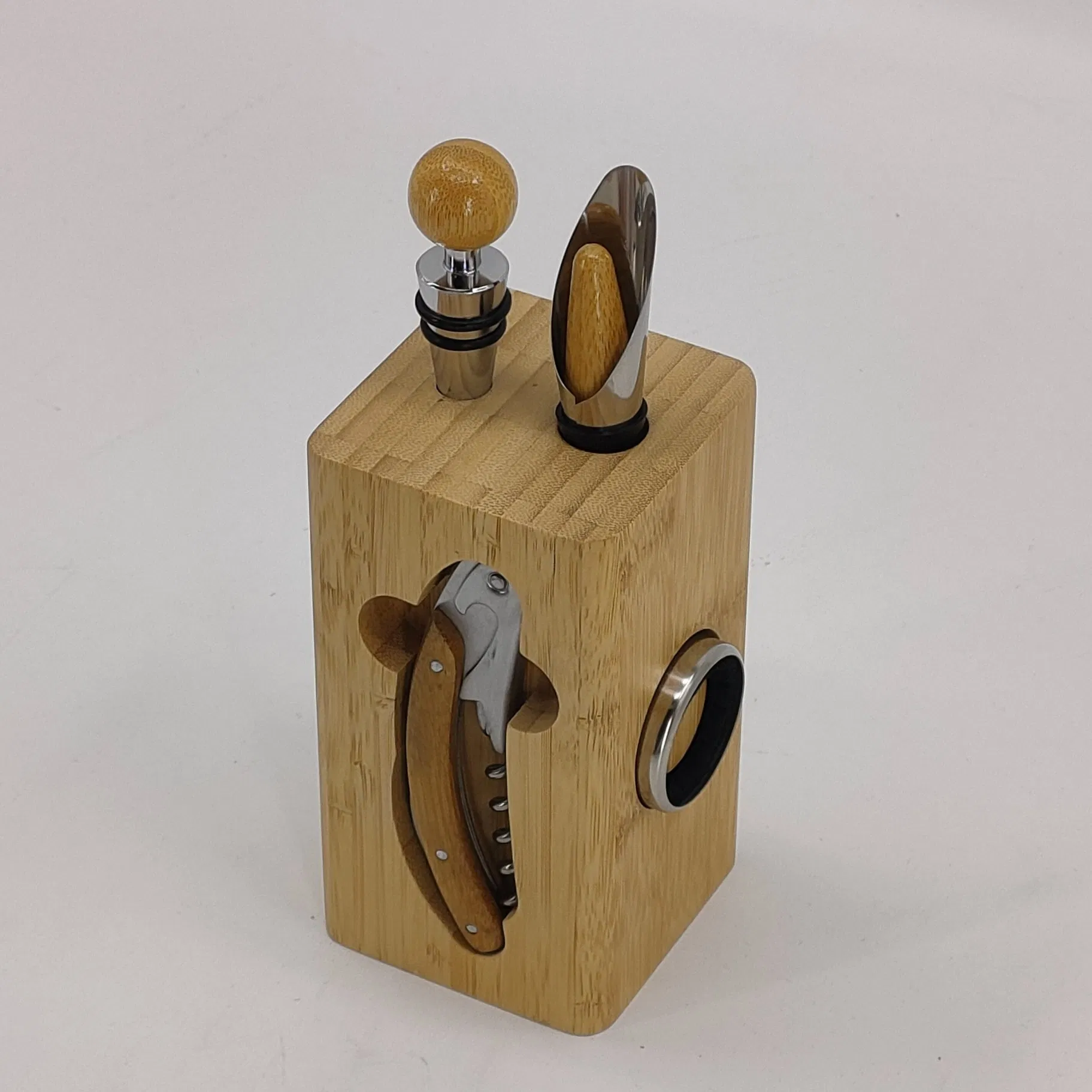 Premium Bamboo Wine Opener Set with Corkscrew Stopper and Pourer