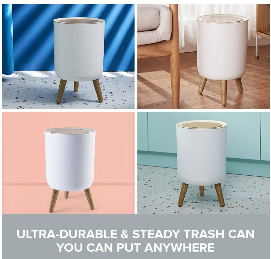 White Waste Basket Garbage Can Push Top Trashcan with Lid and LEDs