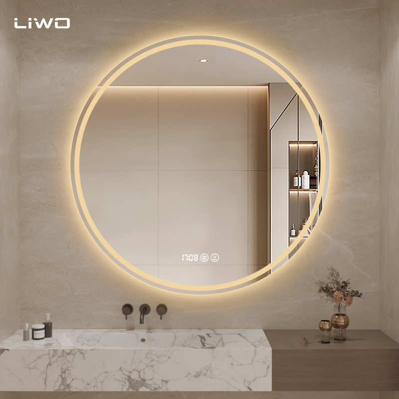 Round Intelligent Bathroom LED Mirror with Adjustable Light Time Temperature Anti-Fog Modern Wall-Mounted Frameless Home Decorative Furniture