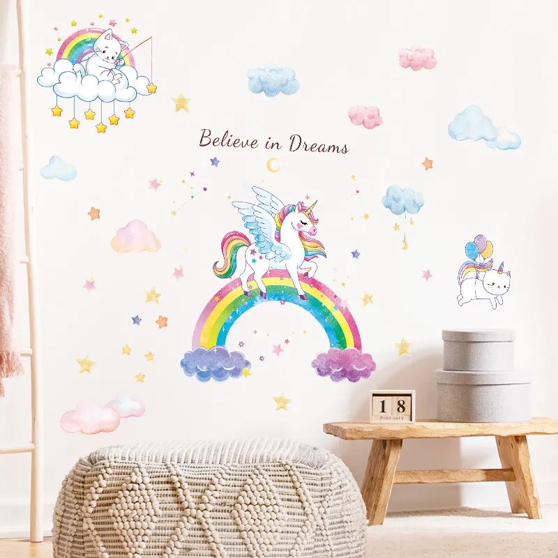 Kids Room Wall Decoration Adhesive Colorful Rainbow with Unicorn Stickers