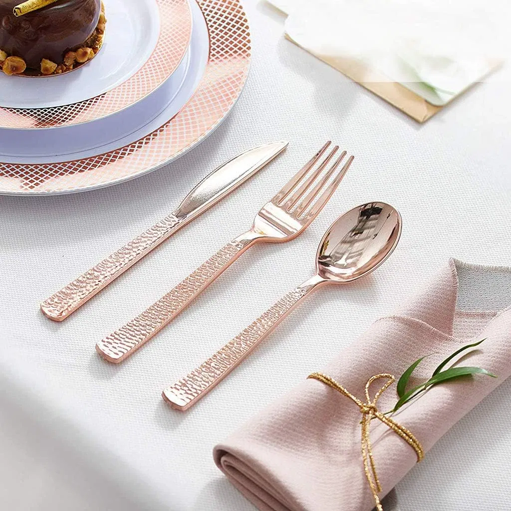 Rose Gold Plastic Silverware, Rose Gold Utensils, Heavy Weight Plastic Cutlery, Disposable Silverware Sets Suitable for Wedding, Monther's Day Party