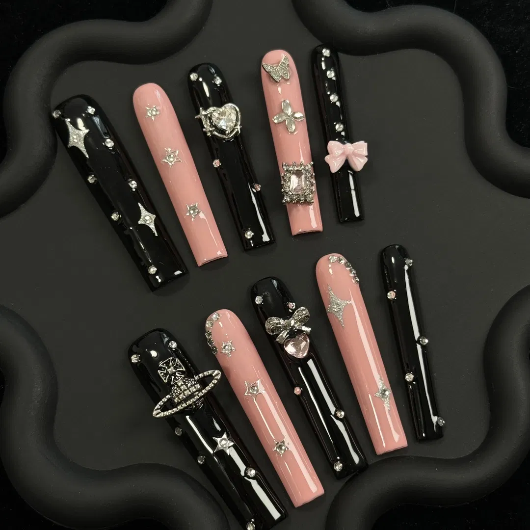 Rhinestone Black Pink Long Design Press on False Nails Beauty Glitter Jewelry Accessories Polish Fake Artificial Nails