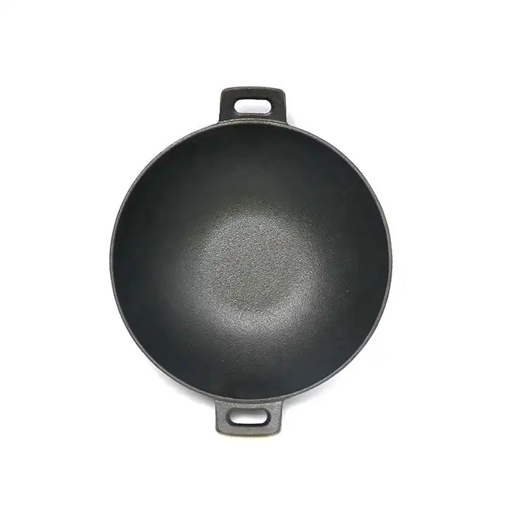 2024 Hot Sale China Wok Wholesale High Quality Non Stick Pre-Seasoned Cast Iron Wok with Double Handles and Wooden Lid