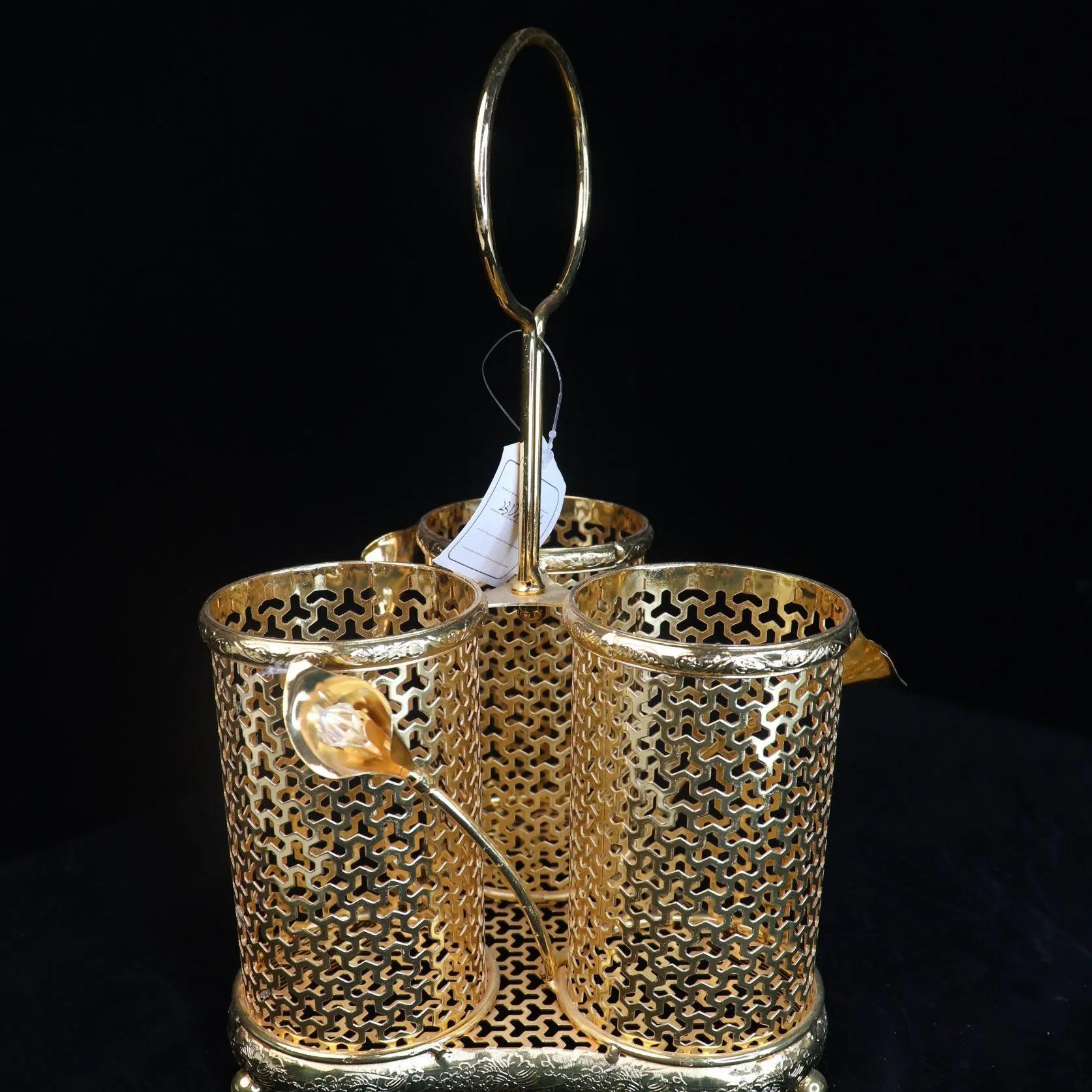 3-Tube Household Gold-Plated Iron Frame, Ceramic Tea Cup Decoration Set