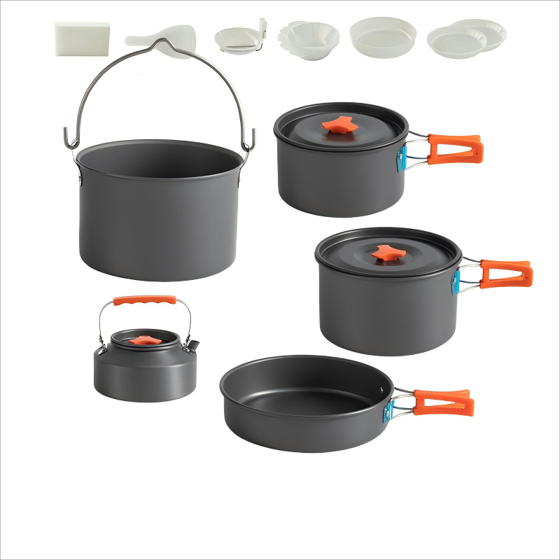 2~3 Person Camping Cookware Mess Kit with Kettle Non Stick Pot Outdoor Cookware