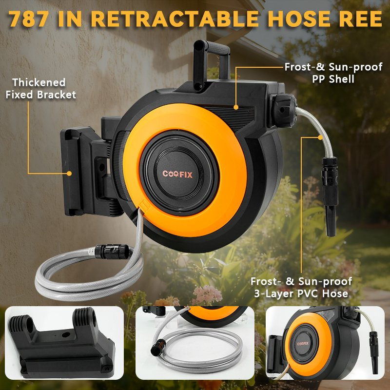 Retractable Garden Hose Reel - 1/2 Inch X 50FT Wall Mounted Hose Reel with 3/4 Inch Brass Fitting & 10 Function Sprayer Nozzle