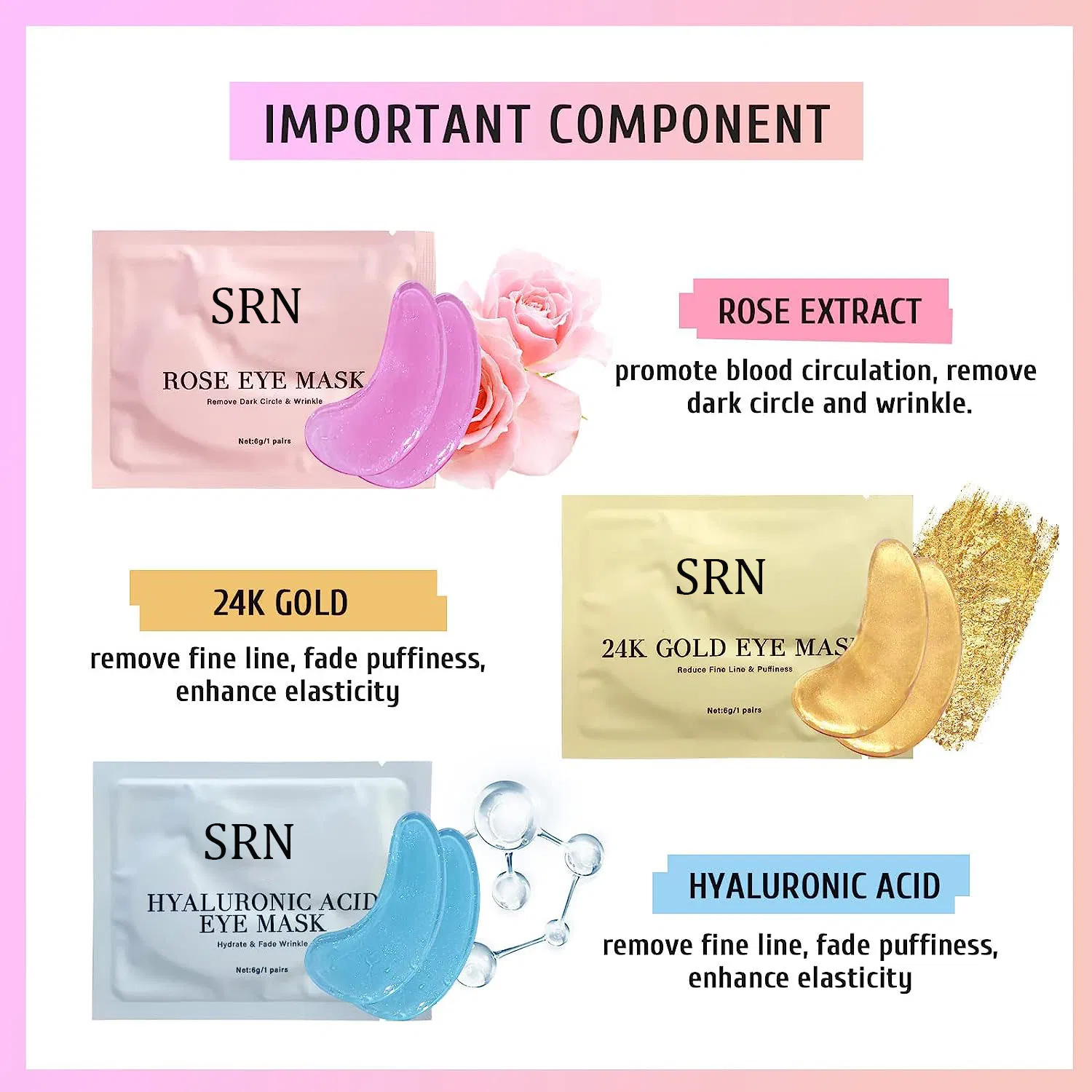 Private Label Gold Eye Mask Rose Eye Mask Hyaluronic Acid Eye Patches for Dark Circles & Puffiness