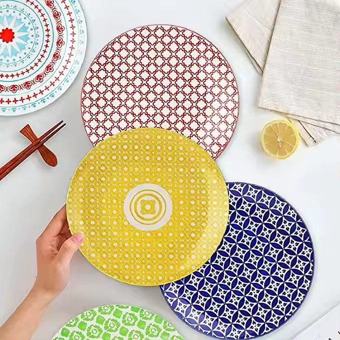 Stamp Decal Pad printing Eco-Friendly Healthy Children Multicolor Hot Selling Blue Ceramics Porcelain Tableware 10.5" Coup Moon Meat Dinner Plate