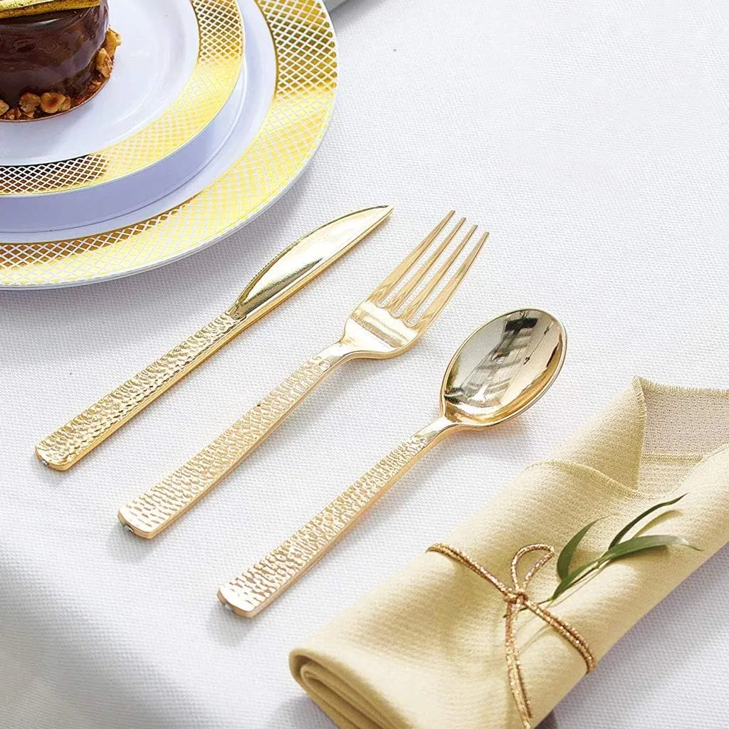 Plastic Gold Silverware Cutlery Disposable Utensils Plastic Knives Gold Forks Disposable Spoons Perfect for Birthday, Party, Wedding