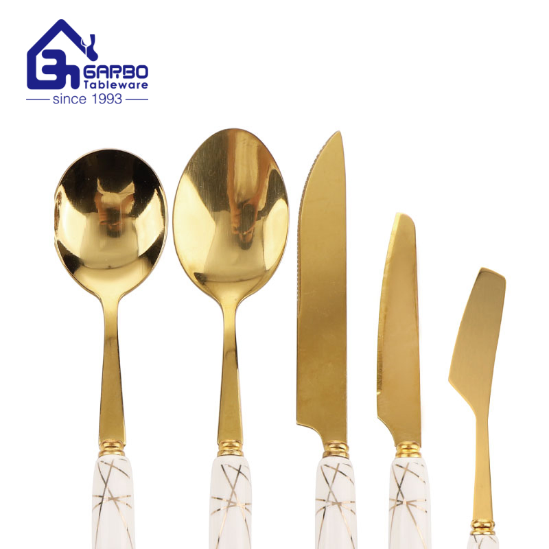 Hot Selling Marbling Dinner Knife Electroplating Gold Color Cutlery Knife with Ceramic Handle