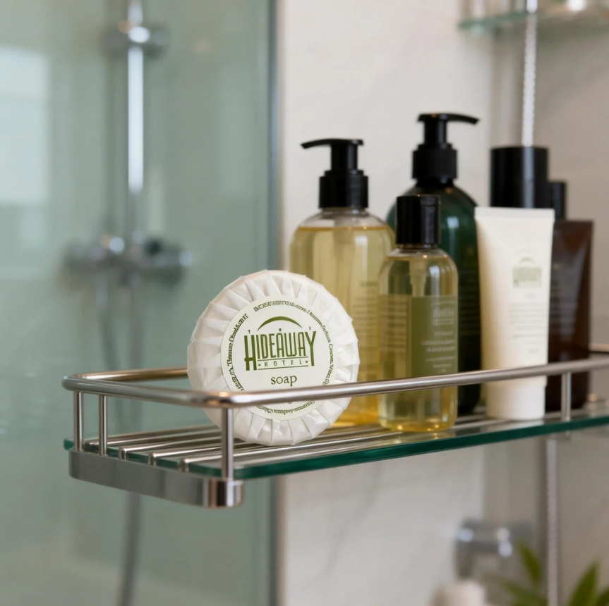 20g Round Hotel Guest Soap Wrapped in Laminated Paper with Custom Label