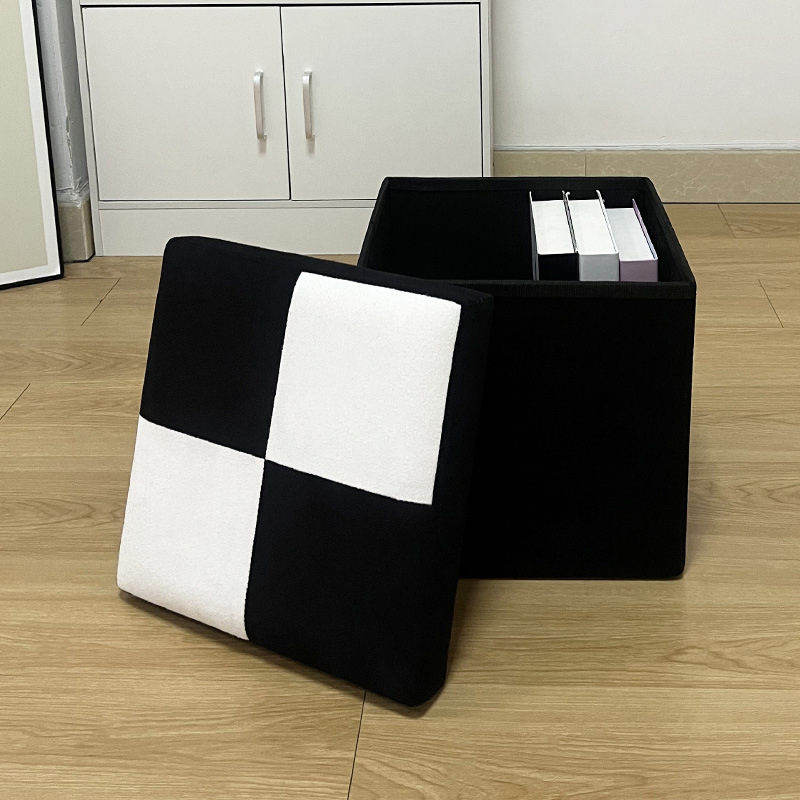 Best-Selling Checkered Velour Storage Stool Multifunctional Square Foldable Home Storage Bench