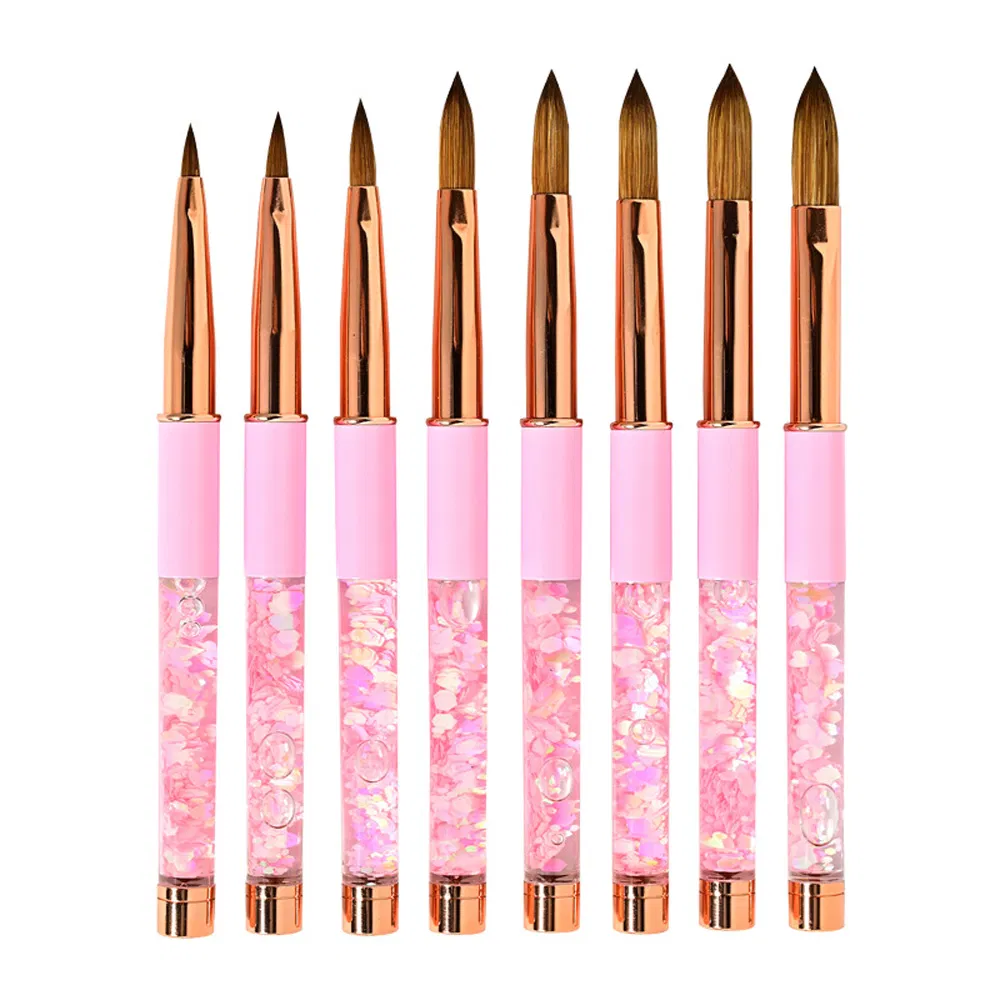 Pink Glitter Liquid Crystal Kolinsky Hair Acrylic Handle Nail Art Brush Kit Drawing Pen Manicure Set Tool