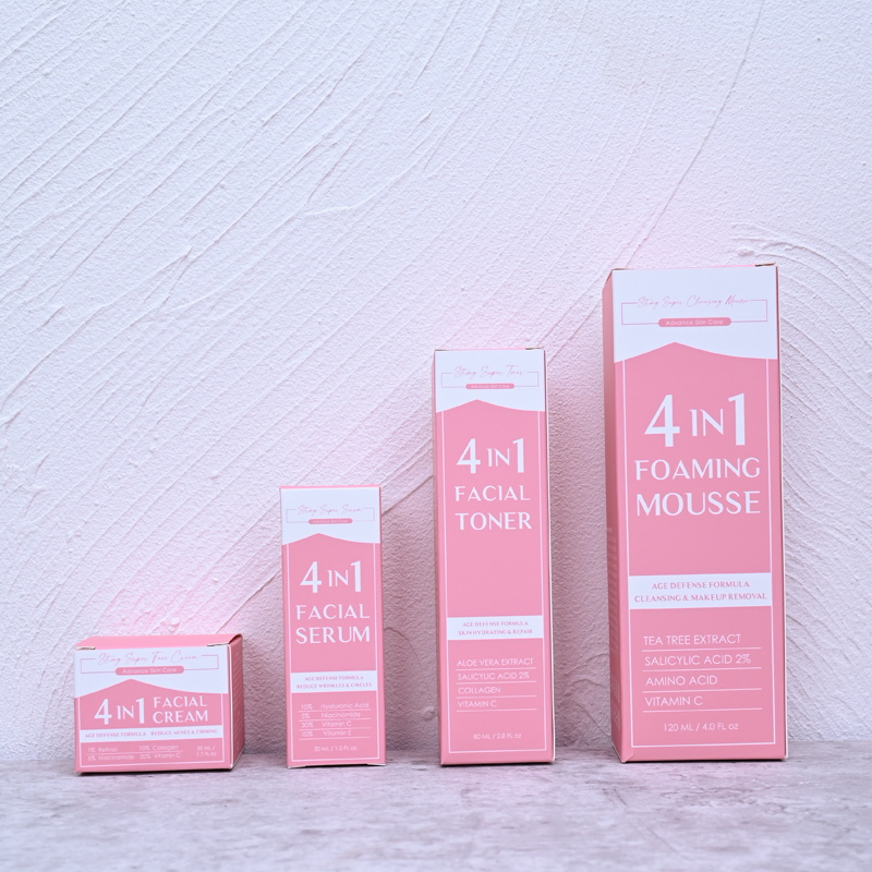 OEM Natural 4 in 1 Skin Care Set Vitamin C Serum Acne Cream Cleansing Face Mousse Skin Hydrating Toner Spray Facial Set