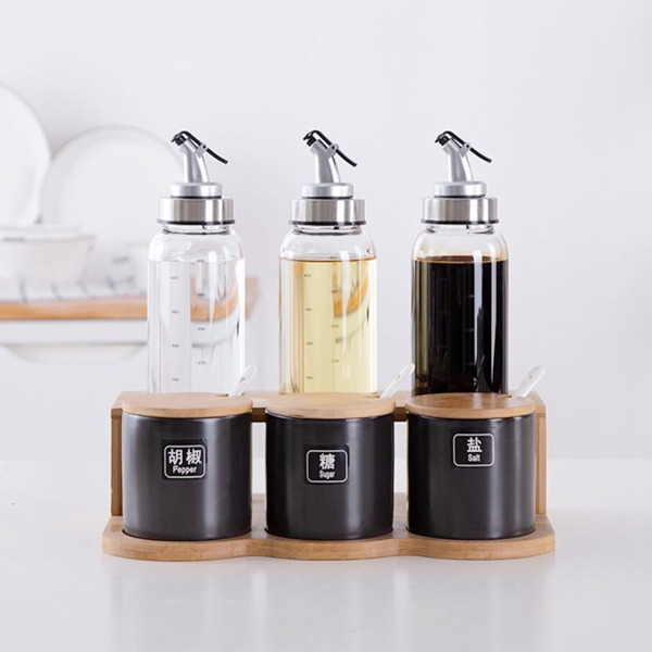 Porcelain Condiment Jar with Lid Spice Container Oil Bottle Pot Dispenser Bamboo Tray