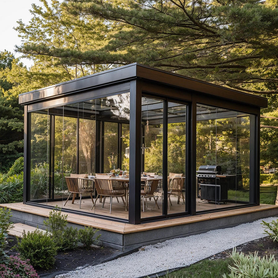 Custom 4 Season Aluminum Frame Glass Villa Courtyard Flat Roof Tempered Glass Design Greenhouse Sunroom