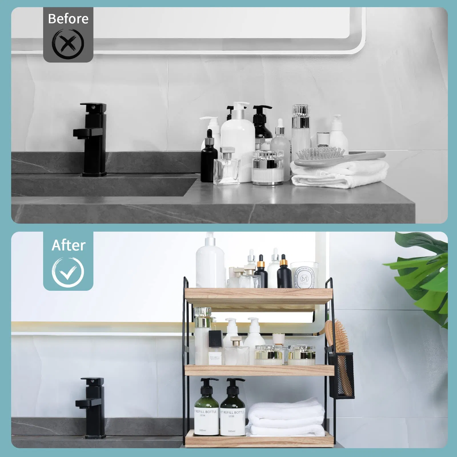 Bathroom Organizer Countertop 2-Tier Standing Counter Wood Tray for Kitchen Vanity Organizer