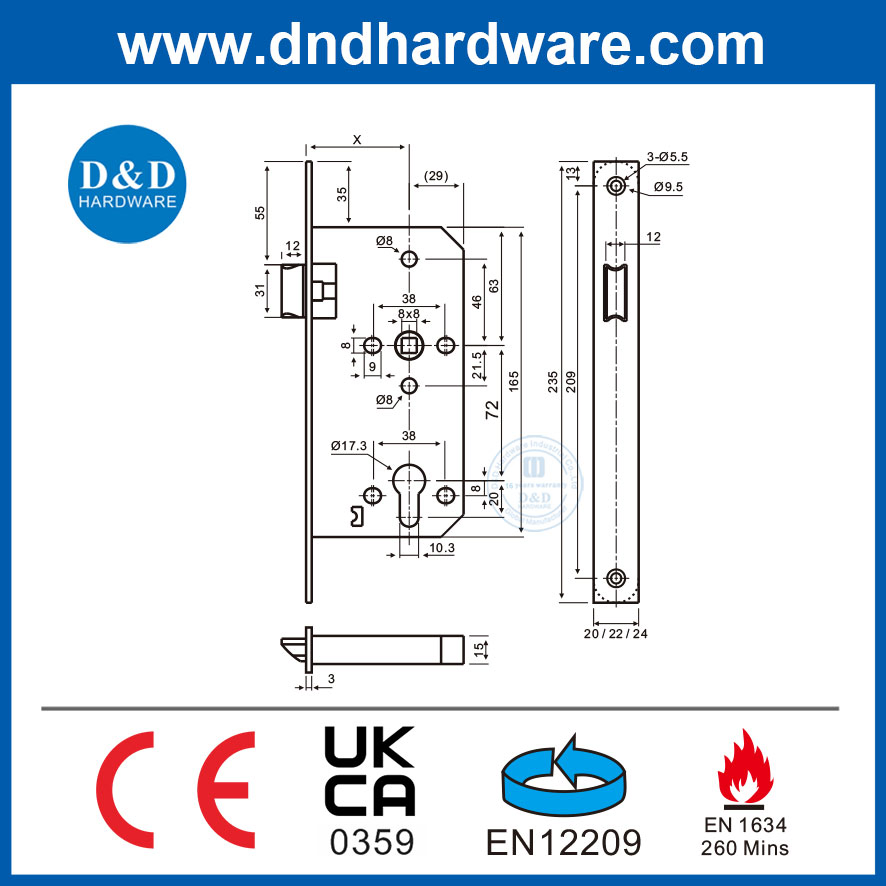 SUS304 Door Accessories CE Fire Rated Latch Bolt Lock Commercial Door Lock