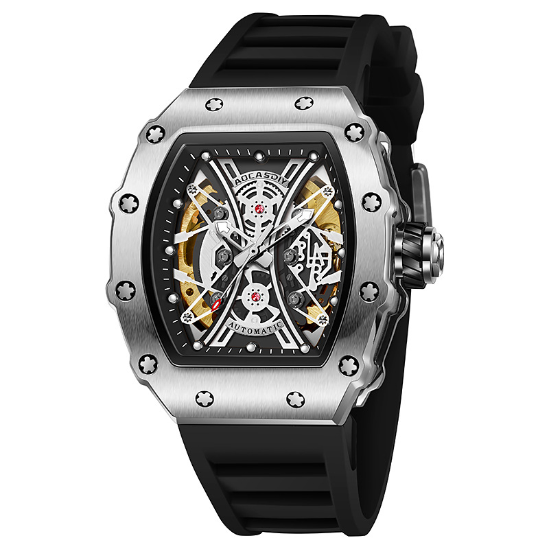 Hot Viral Skeleton Automatic Mechanical Watch Barrel-Shaped Men's Watch