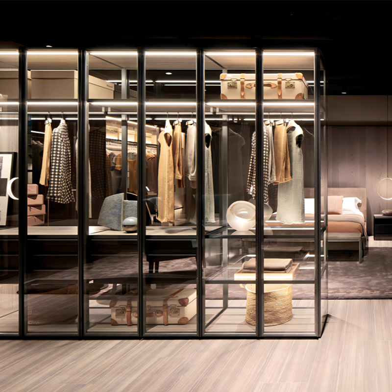 Modern New Design Glass Wardrobe Closet with Aluminum Pole System Clothes Cabinet with Glass Doors