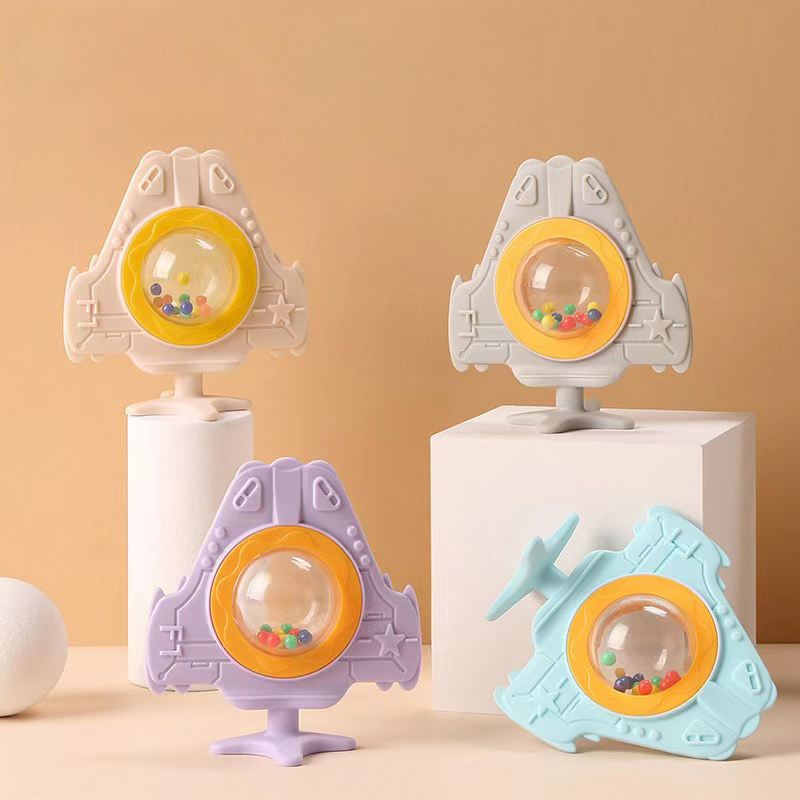New Arrival Baby Chewing Toy Space Ship Shape Rattle Bell Silicone Baby Teether