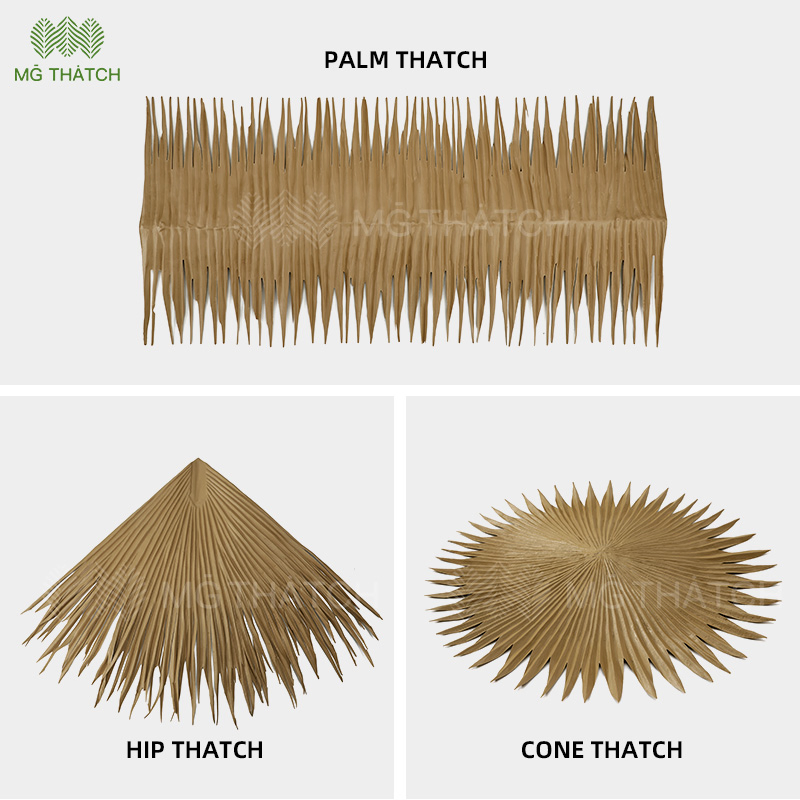 Fire Rated & UV-Proof Synthetic Thatching Artificial Palapa Palm Leaves Thatch Roofing HDPE Plastic Tiki Roof Palm Thatch