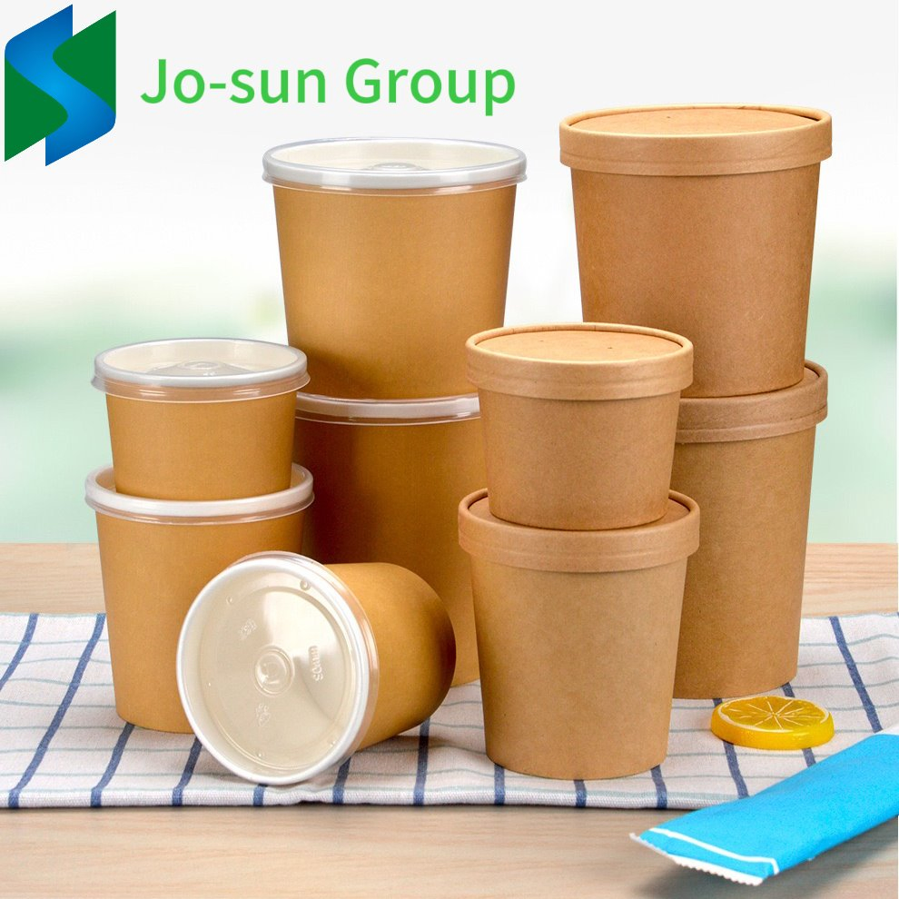 Jo-Sun 8 Oz Disposable Hot Soup Container Custom Printed White Paper Soup Bucket with Paper Lid
