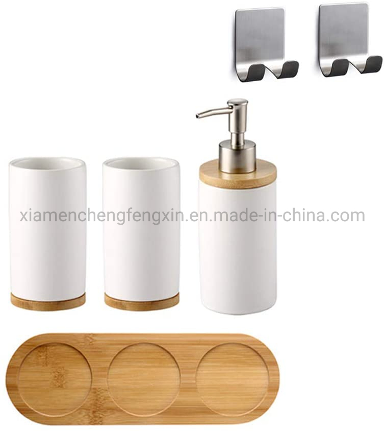 4 Piece Ceramic Bathroom Accessories Set, Includes: Soap Dispenser Pump, Toothbrush Holder, Tumbler and Wooden Tray