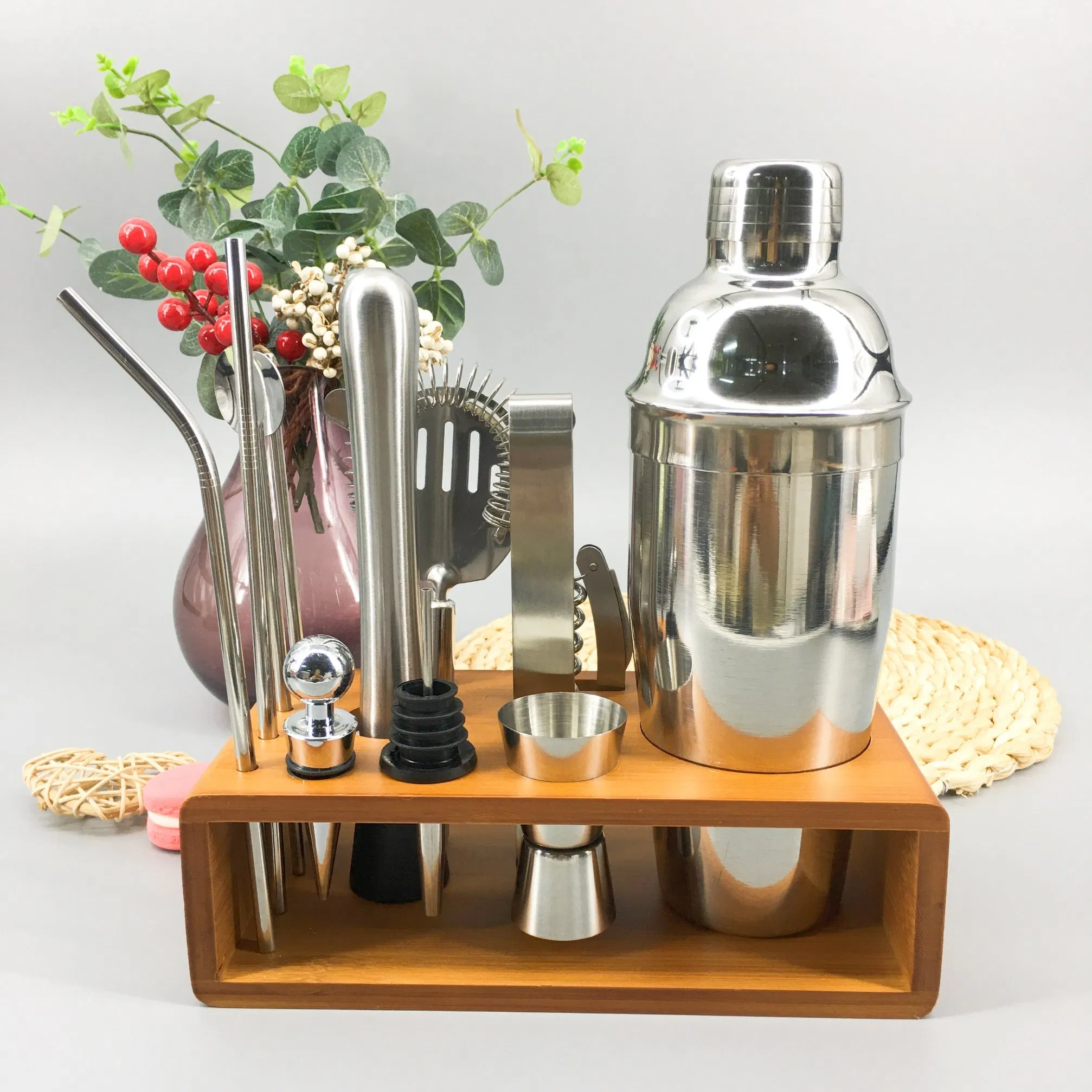 13pieces Stainless Steel Bar Jigger Bartender Cocktail Shaker Set with Bamboo Stand
