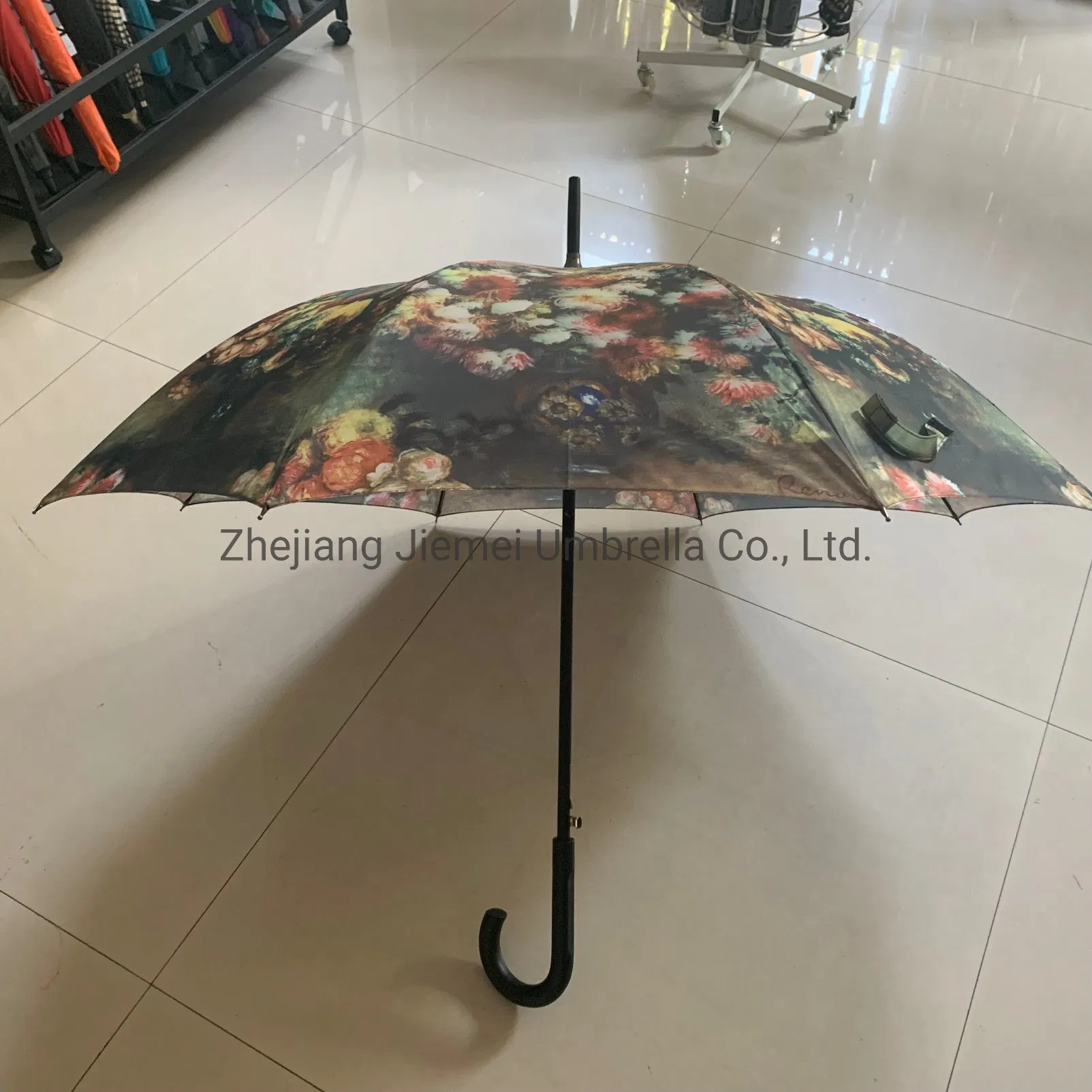 Full Printing Flower Spring Color Frame 27 Inch Curved Handle Straight Umbrella