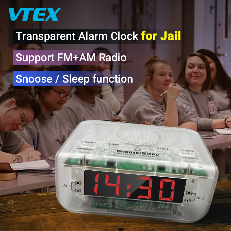 Transparent Jail Approved Durable Clear Case Plastic Alarm Clock Radio for Prison