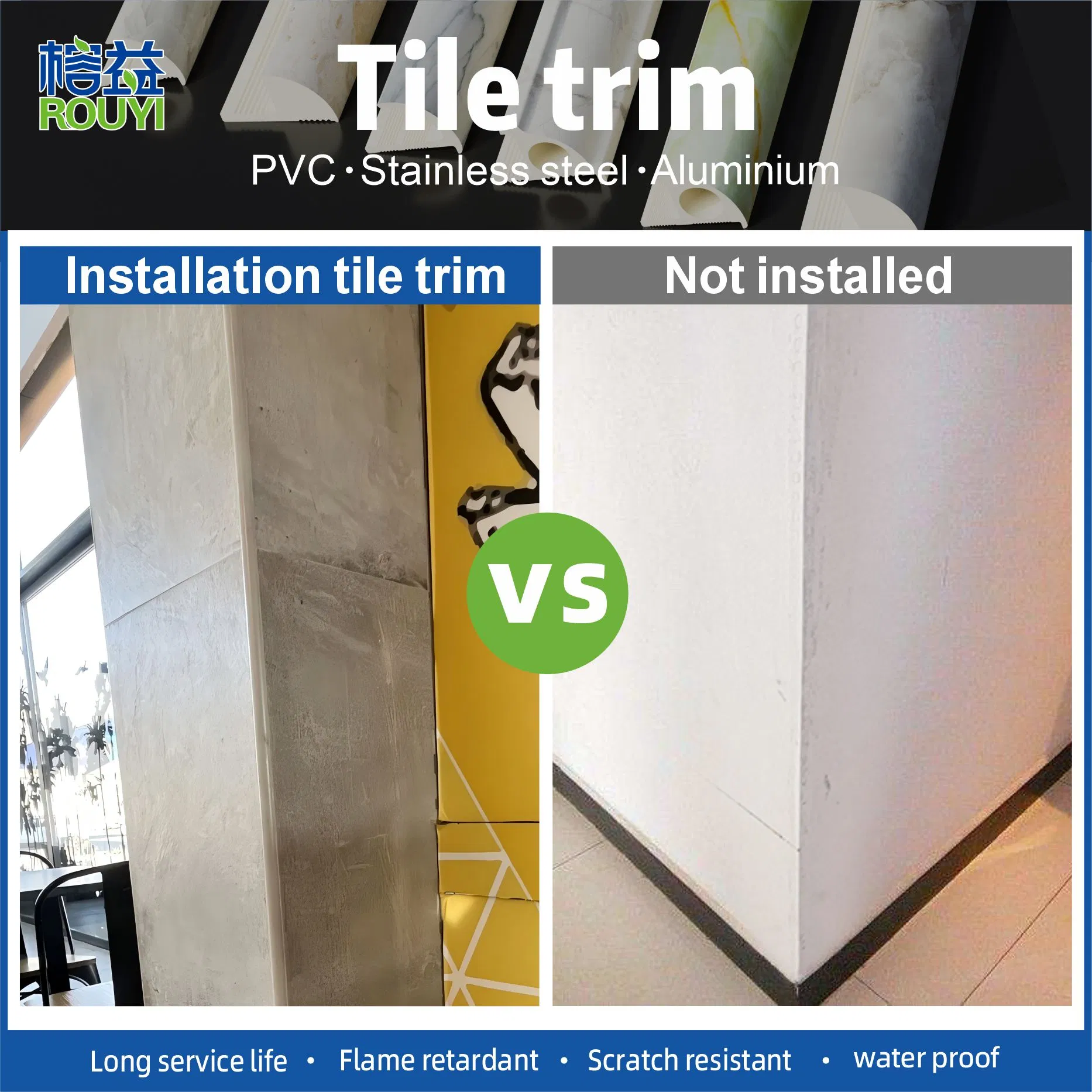 8mm 10mm Building Material Ceramic Tile PVC Profile Plastic Tile Corner Trim
