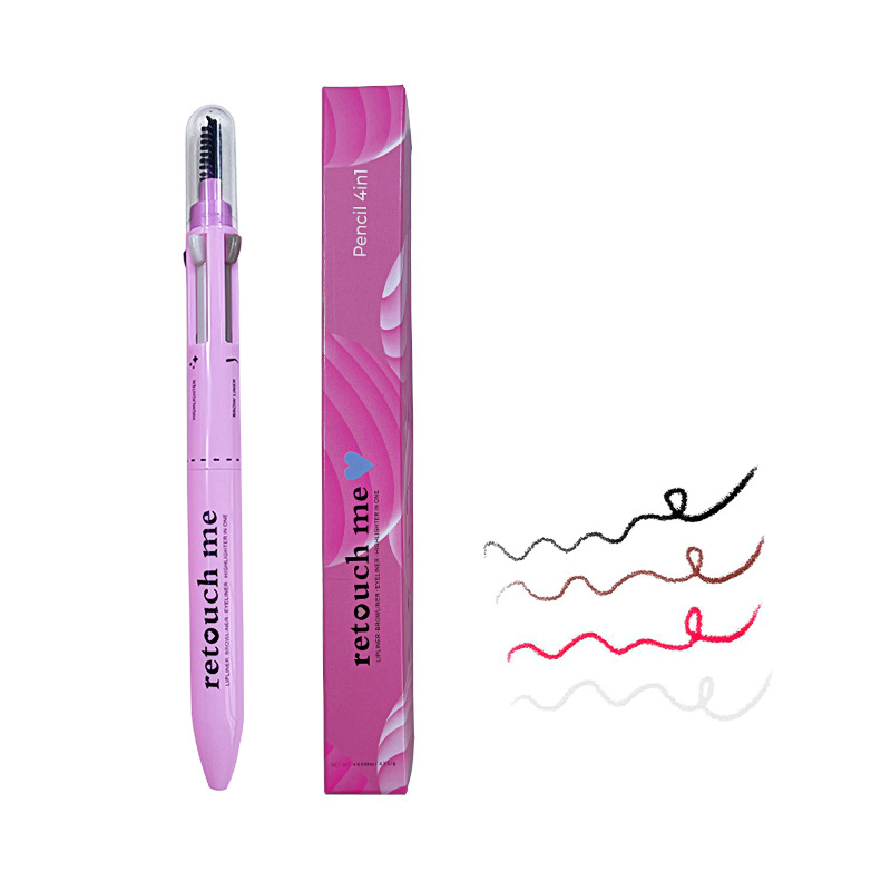 Vegan Eye Cosmetic Pen Touch up Waterproof Eyebrow Pencil Eyeliner Lip Liner Highlighter 4 in 1 Makeup Pen with Brush