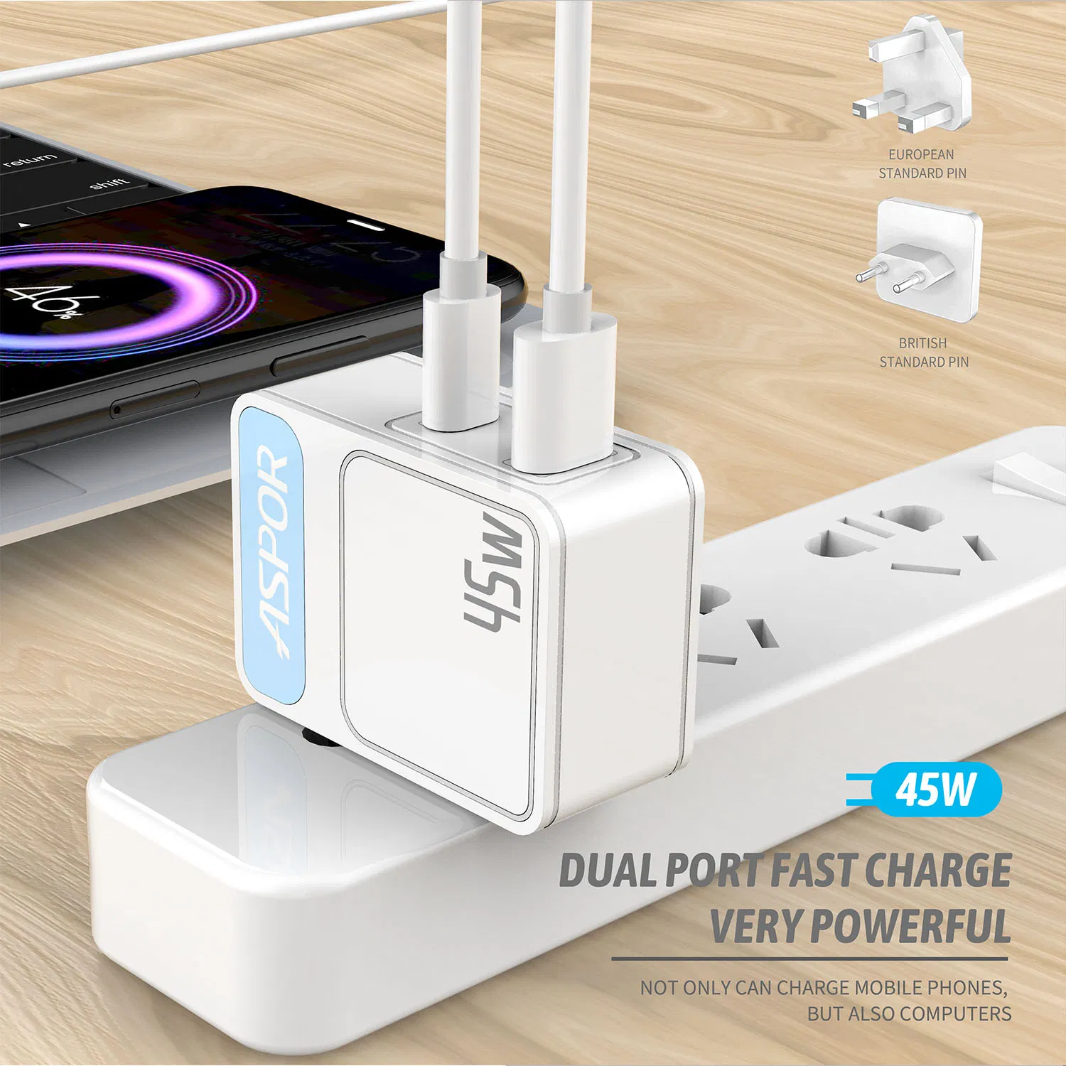 Us/EU/UK 45W Super Quick Charger QC3.0 USB C Fast Charger Compatible for Laptop iPad Phone Xiaomi