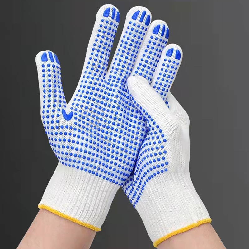 Polyester Cotton Seamless Knitted Work Gloves with One Side Blue PVC Dots