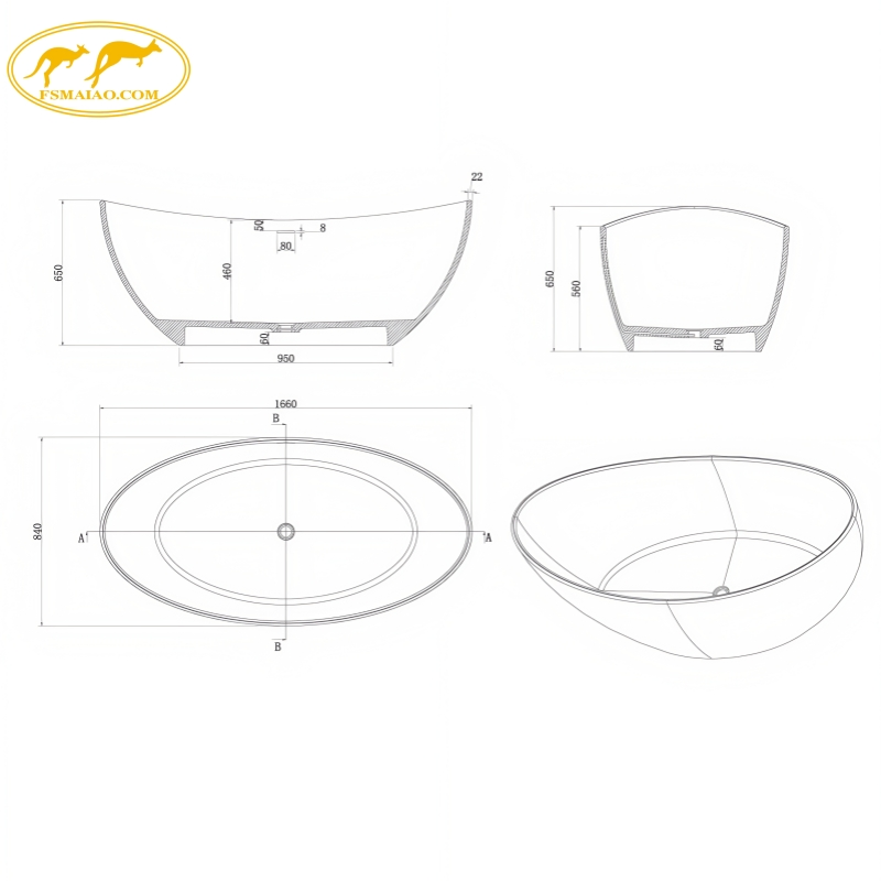 Luxury Freestanding Stone Resin Bathtub Matte White Oval Bathtub BS-8633A