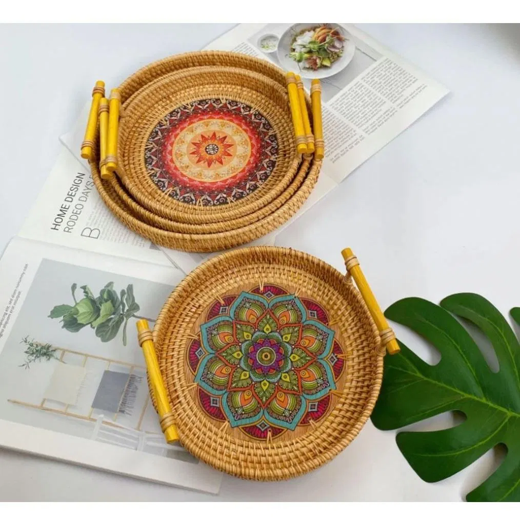 Плетеные подносы круглые с ручками для чая и кухни