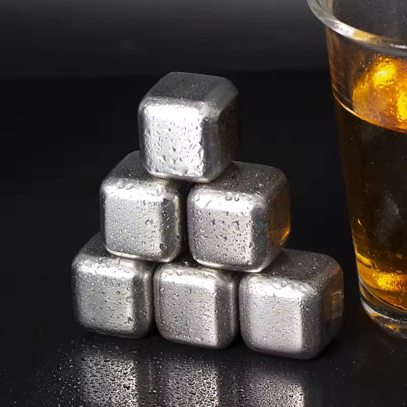 6-Piece Set Stainless Steel Reusable Cubes Ice with Ice Tongs Cooling Whiskey Rocks for Drinks Vodka Liqueur Wine
