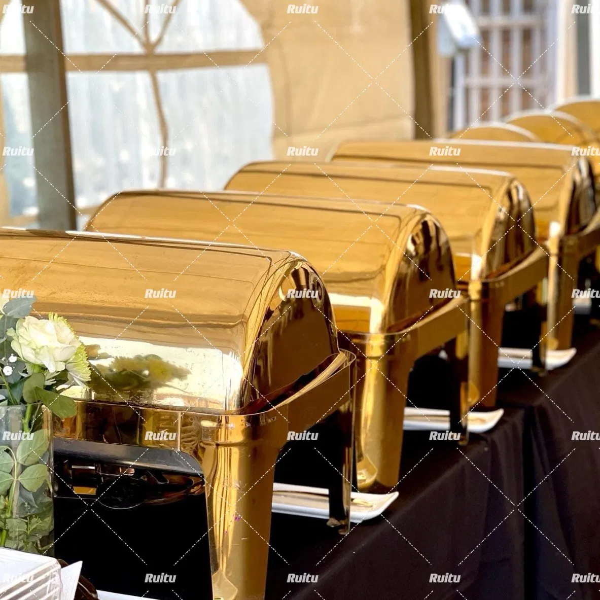 Buffet Catering Equipment Economy Roll Top Chaffin Dishes with Glass Window 9L Stainless Steel Chafing Dish Party Wedding Food Warmer Golden Chaffing Dishes