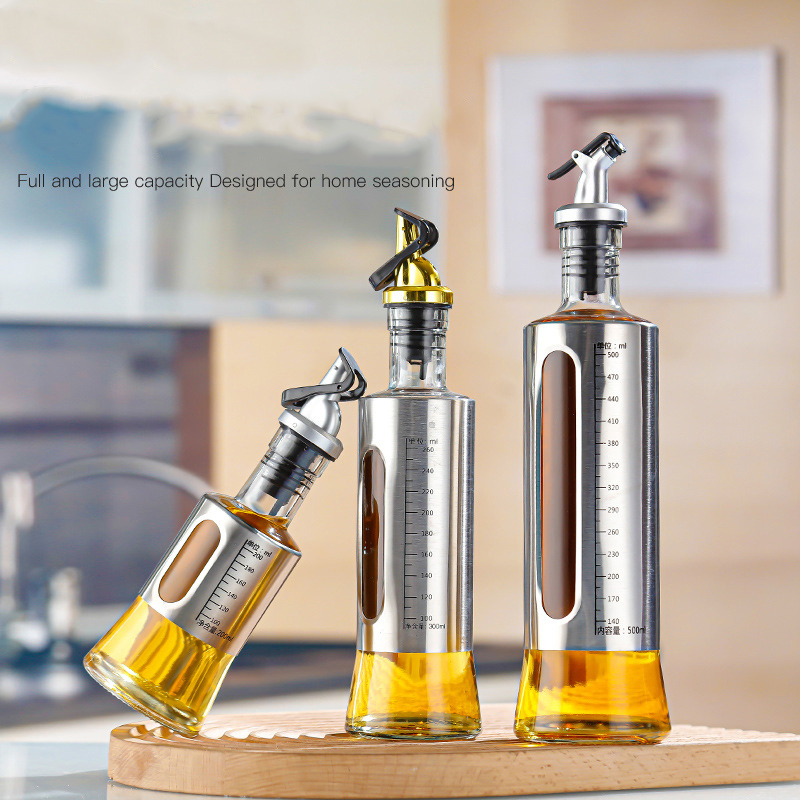 Empty Kitchen Olive Vinegar Set Oil Dispenser Glass Bottles with Drip Spout Leak-Proof Pot Storage Seasoning Condiment Container Glassware