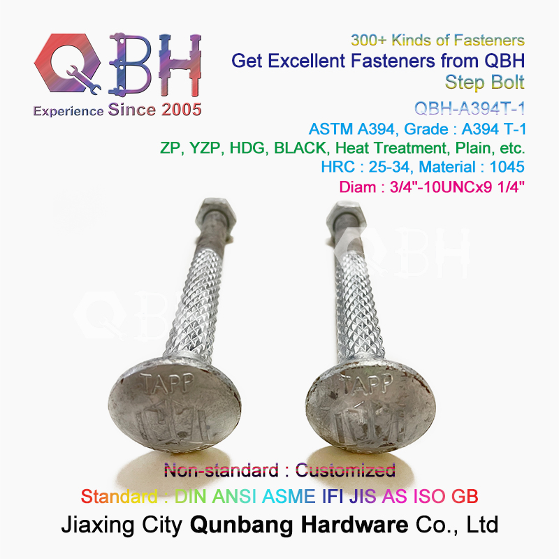 Qbh Customized ASTM A394-1 HDG Zp Yzp Plain Dacromet Geomet Carbon Steel Steel Structure Tower Carriage Knurl Round Head Double Step Bolt and & Nut Assembly