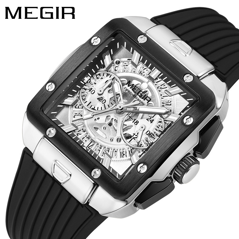 Megir 2228g New Square Men's Silicone Strap Multi-Functional Timing Sports Quartz Watch