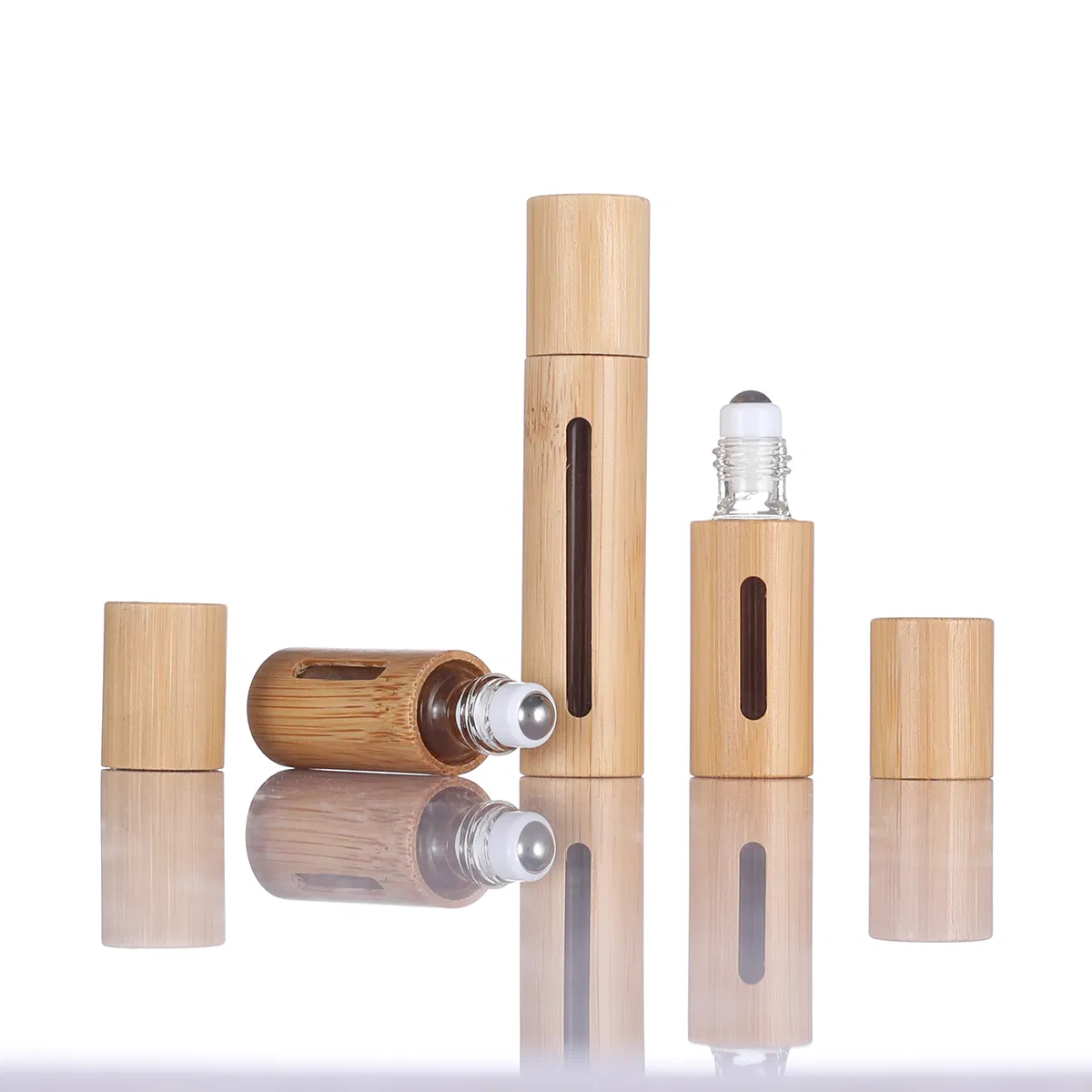 Chinese Factory Amber Glass Cosmetic Packaging Roll on Bottle with Bamboo Cover