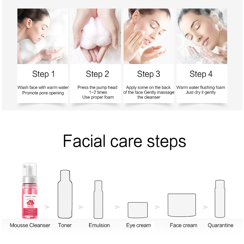 Natural Organic Skin Care Rose Face Wash Facial Cleansing Foaming Mousse Private Label Vegan Facial Wash