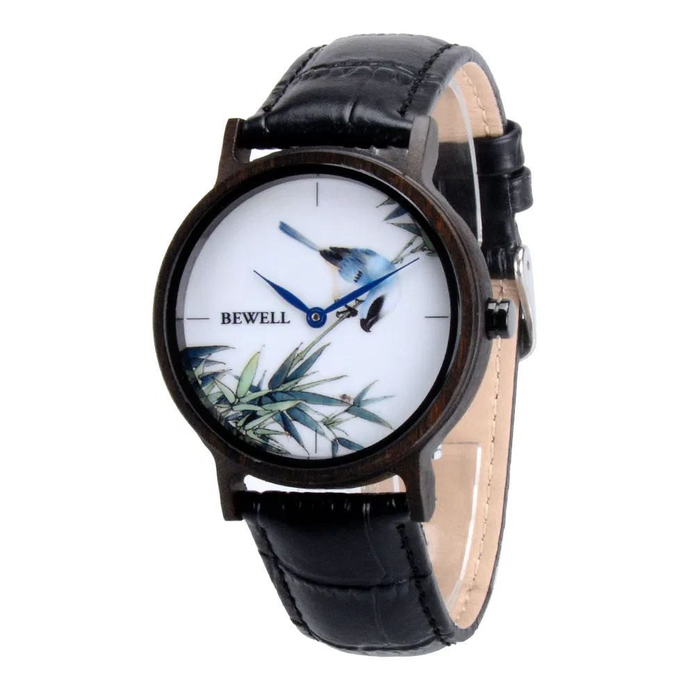 Modern New Design Bewell Wooden Watch with Vivid Printing Dial Genuine Leather Strap Custom Watch for Mens Minimalist Wristwatch