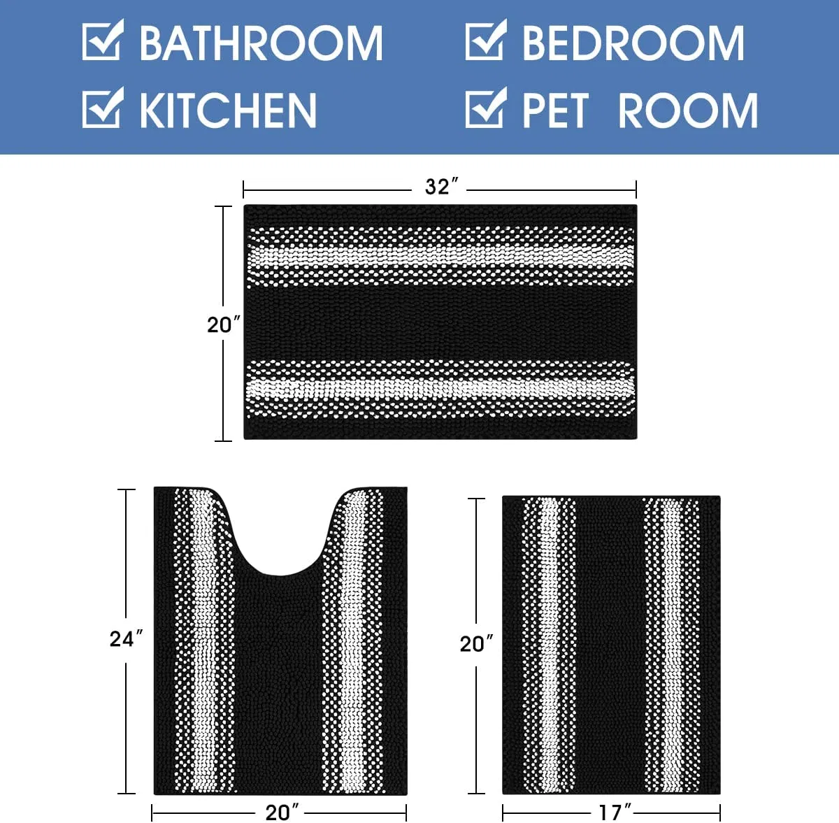 Striped Bathroom Rugs and Mats, Chenille Bathroom Rug Set Non Slip, Soft Shaggy Bath Mats