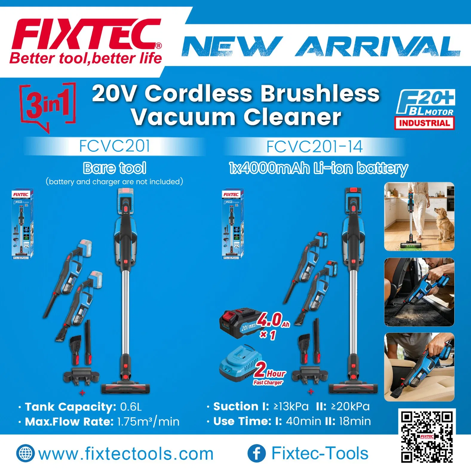 Fixtec Industrial Portable Cordless Handheld Vacuum Cleaner 20kpa Power Small Wireless Brushless 3in1 Car Vacuum Cleaner