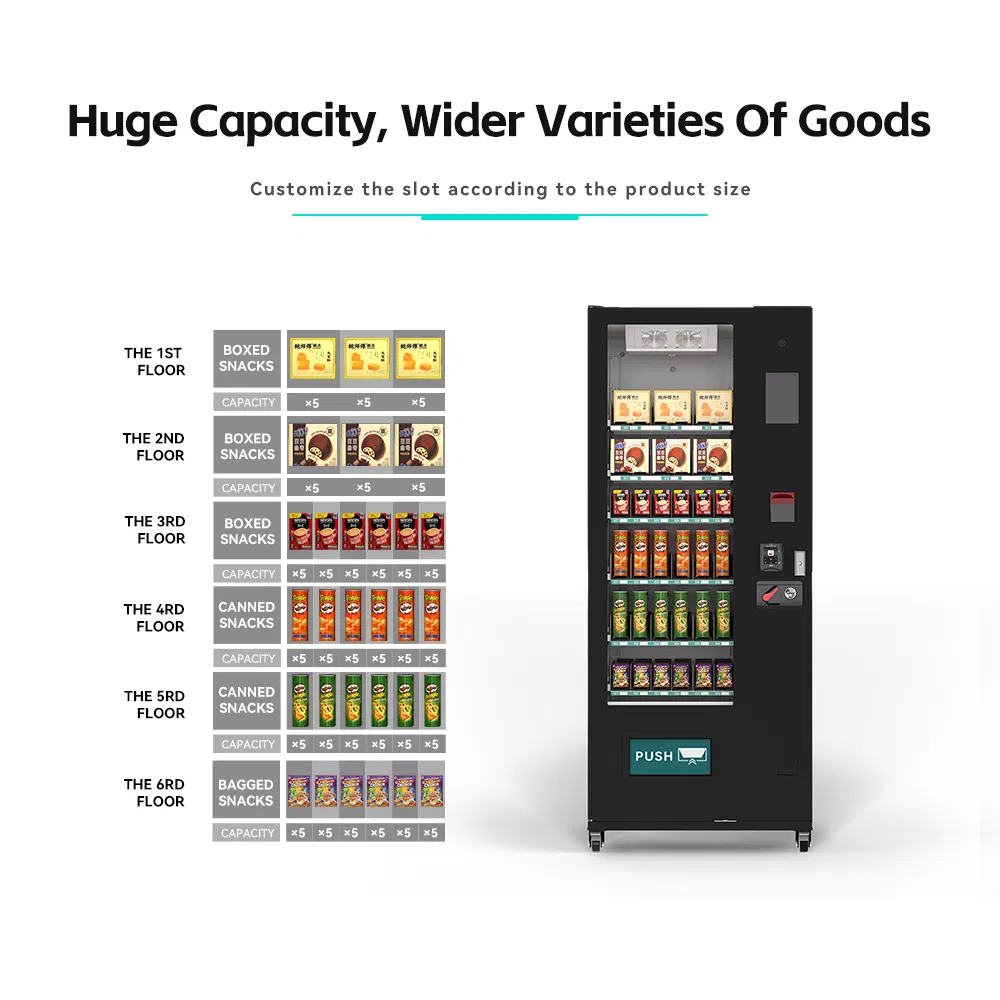 36-Lane Belt Conveyor Vending Machine Supporting Coin, Bill, and Credit Card Payment