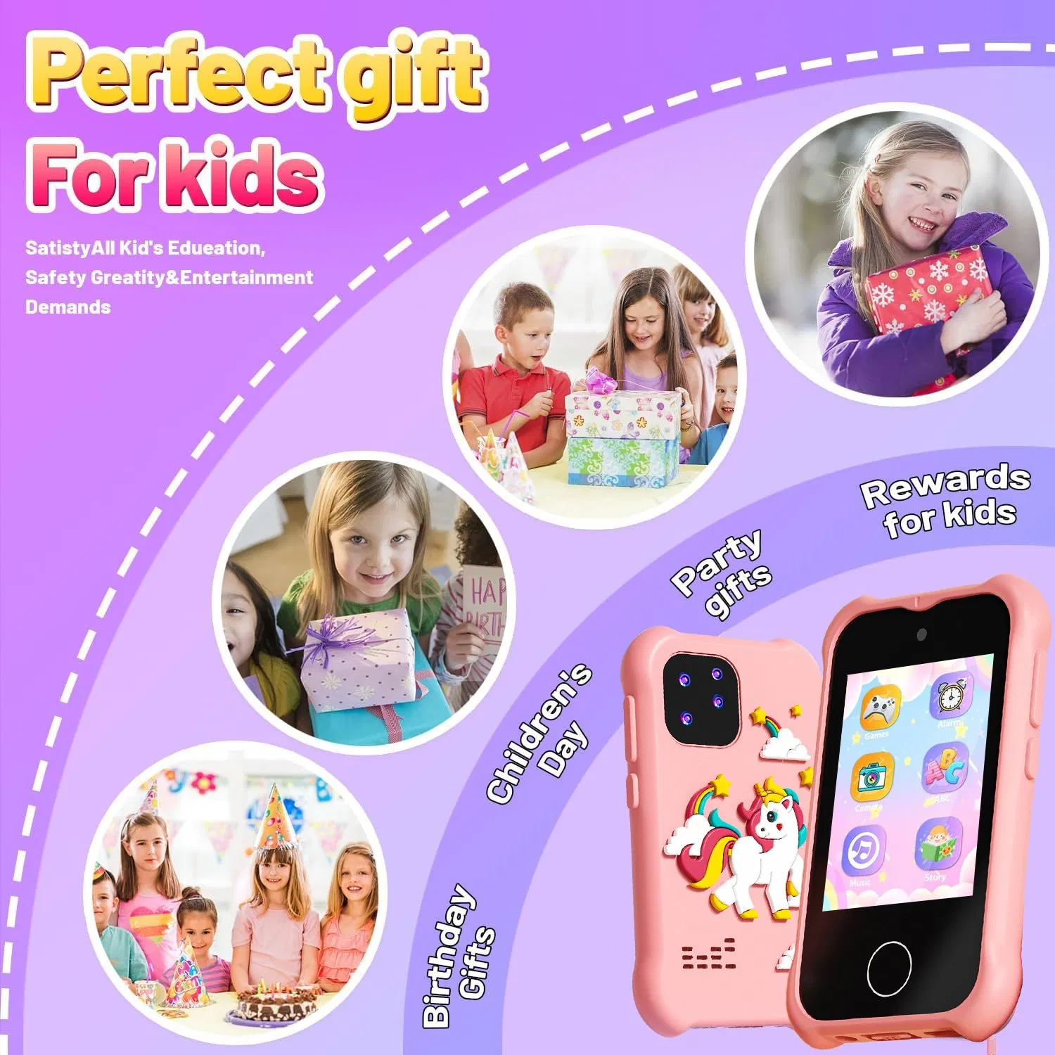 Children Smart Touching Phone Unicorn Toy Cross-Mirror Mini Cartoon Digital Phone 2.8 Inch HD