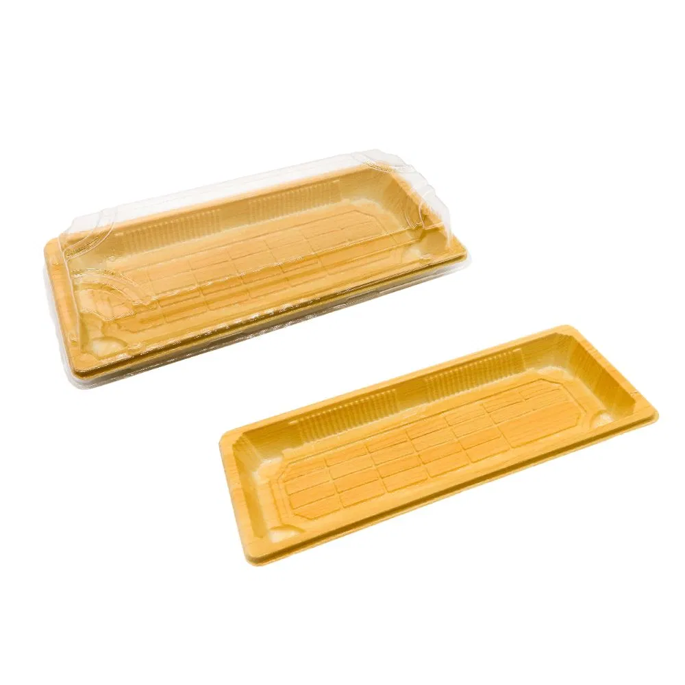 Manluen Food Grade Disposable Takeaway Plastic Boxes Sashimi Salmon Food Packaging Wooden Printing Sushi Container